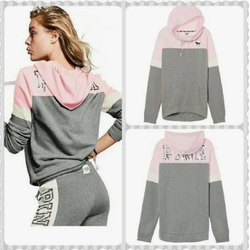 PINK VS Colorblock Pullover Hoodie w/ Silver Sequins Gray & Light Pink Black Dog